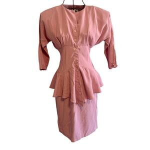 Vintage 80's Just In Thyme Dusty Rose Peplum Ruffled Pinup Midi Dress Retro 40's